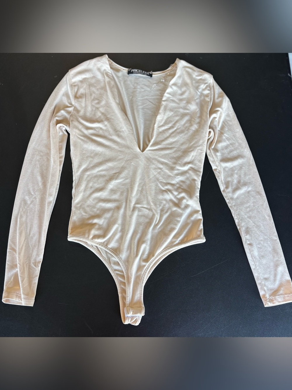 Priceless Cream Deep V Long-Sleeve Bodysuit